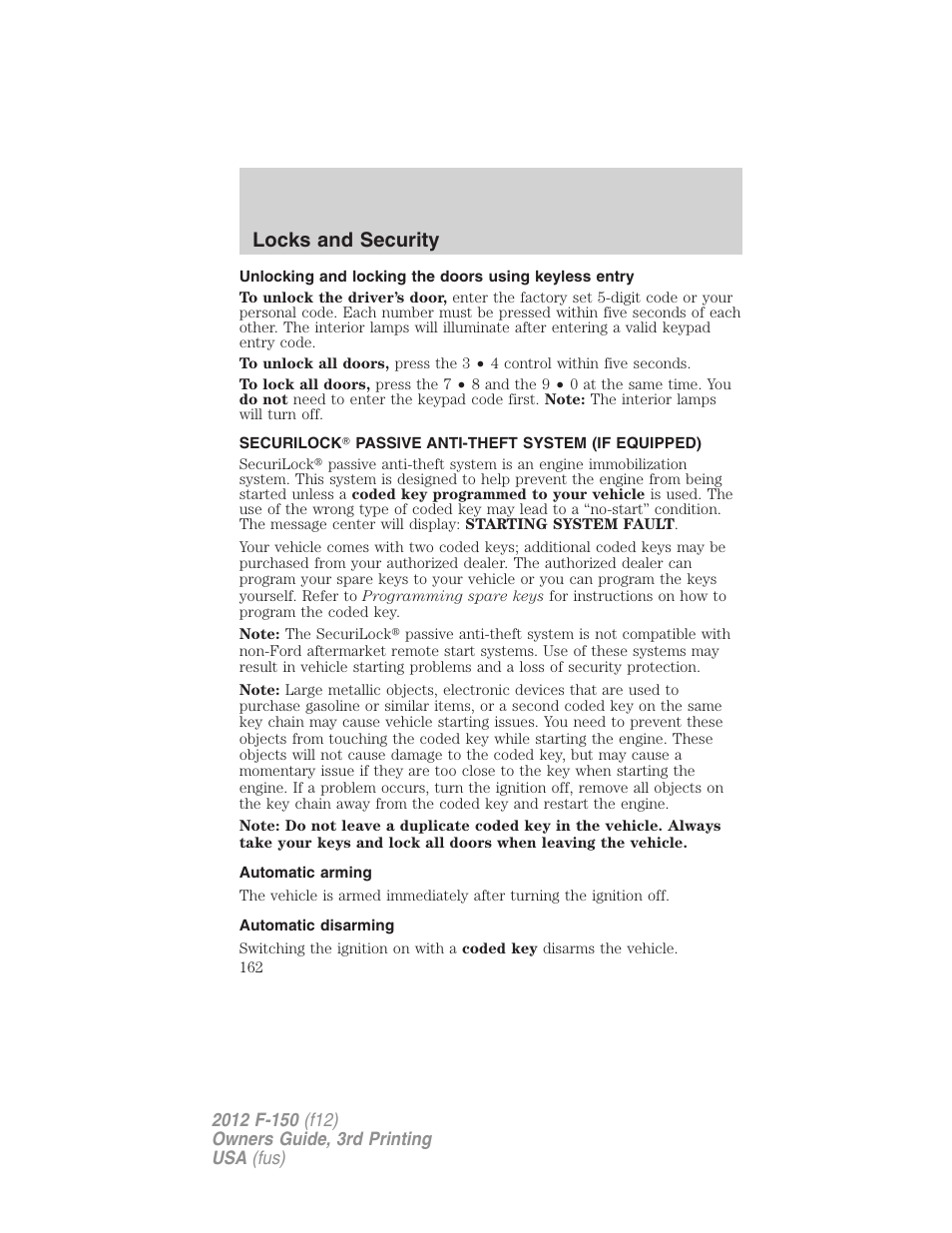 Automatic arming, Automatic disarming, Anti-theft system | Locks and security | FORD 2012 F-150 Raptor v.3 User Manual | Page 162 / 472