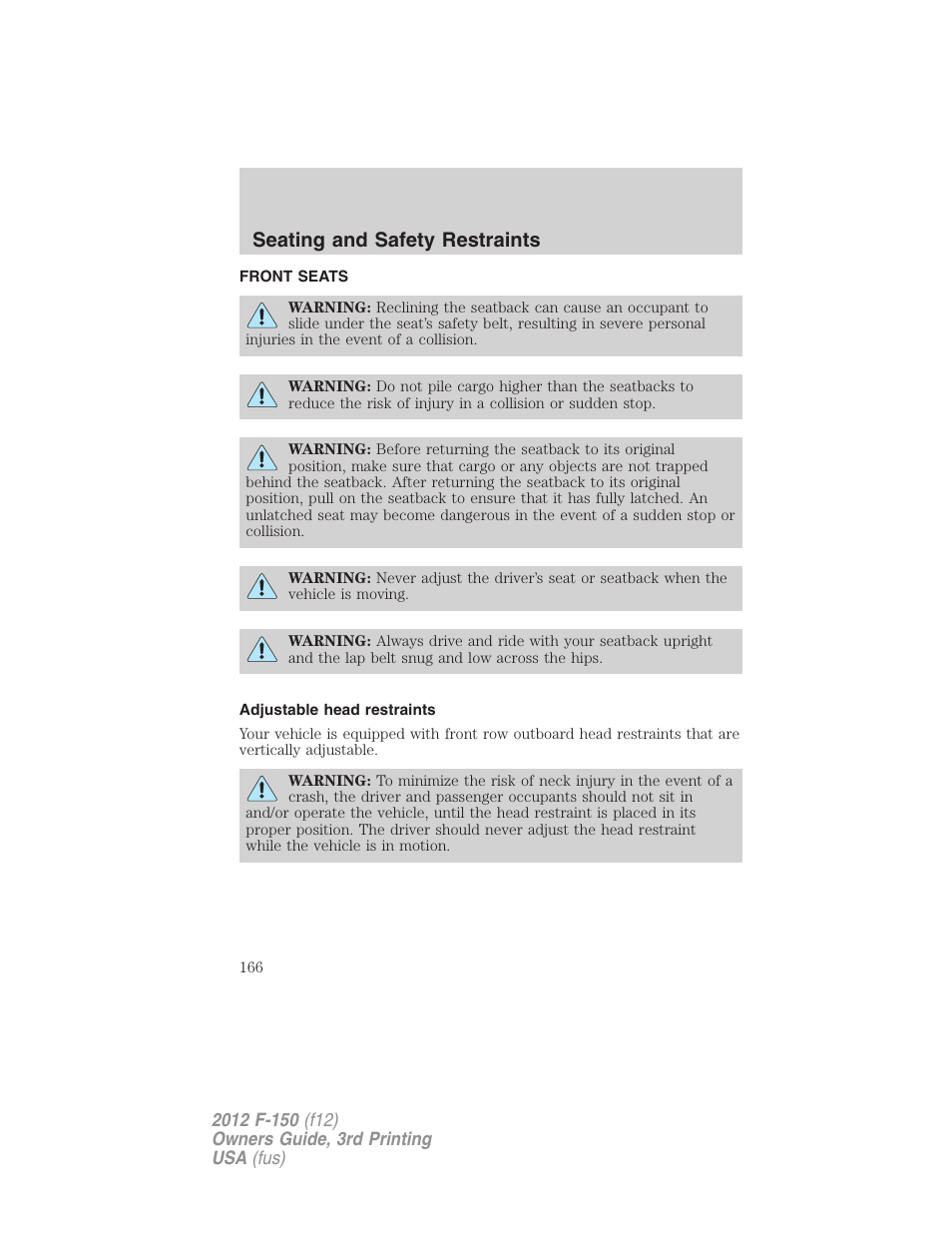 Seating and safety restraints, Front seats, Adjustable head restraints | Seating | FORD 2012 F-150 Raptor v.3 User Manual | Page 166 / 472