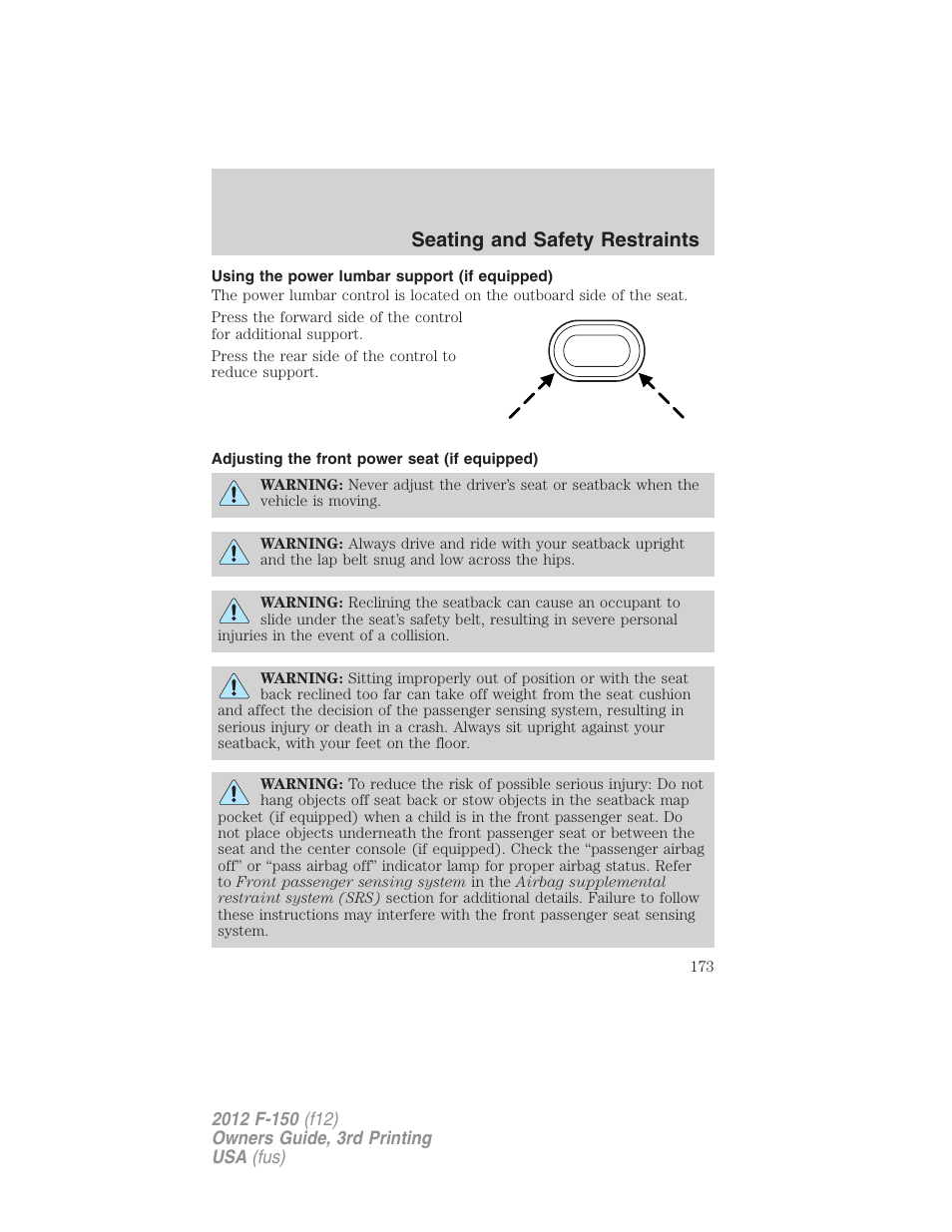 Using the power lumbar support (if equipped), Adjusting the front power seat (if equipped), Seating and safety restraints | FORD 2012 F-150 Raptor v.3 User Manual | Page 173 / 472