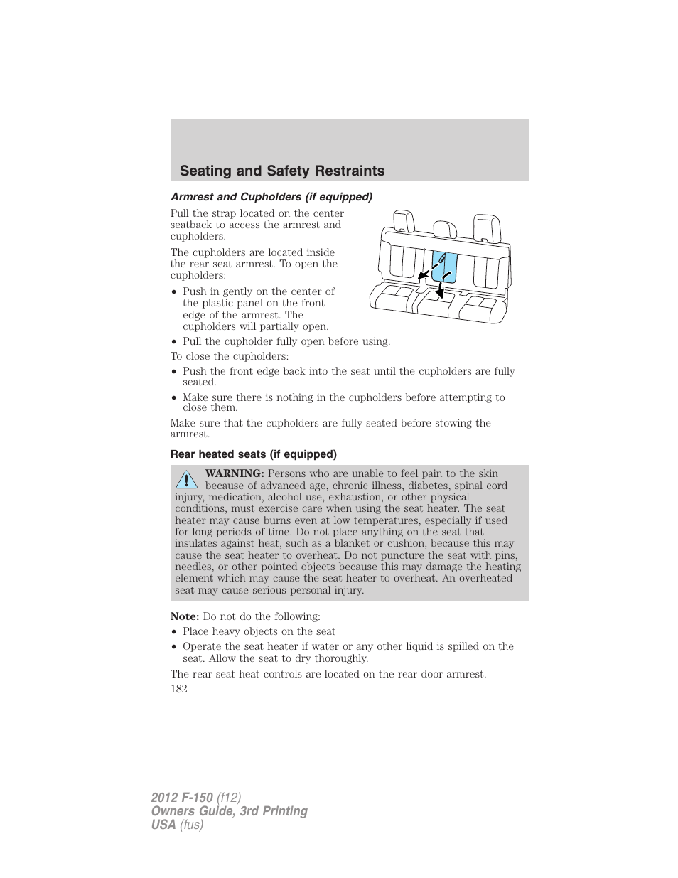 Armrest and cupholders (if equipped), Rear heated seats (if equipped), Seating and safety restraints | FORD 2012 F-150 Raptor v.3 User Manual | Page 182 / 472