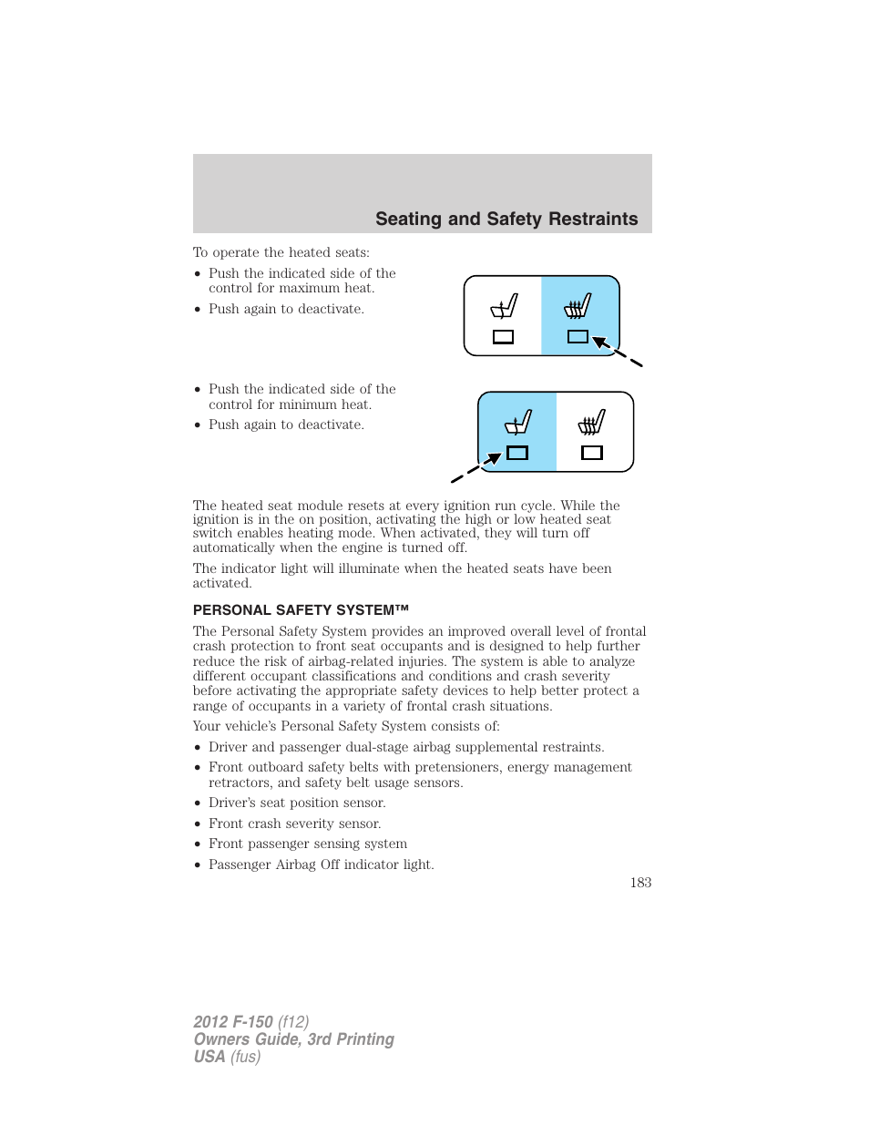 Personal safety system, Seating and safety restraints | FORD 2012 F-150 Raptor v.3 User Manual | Page 183 / 472