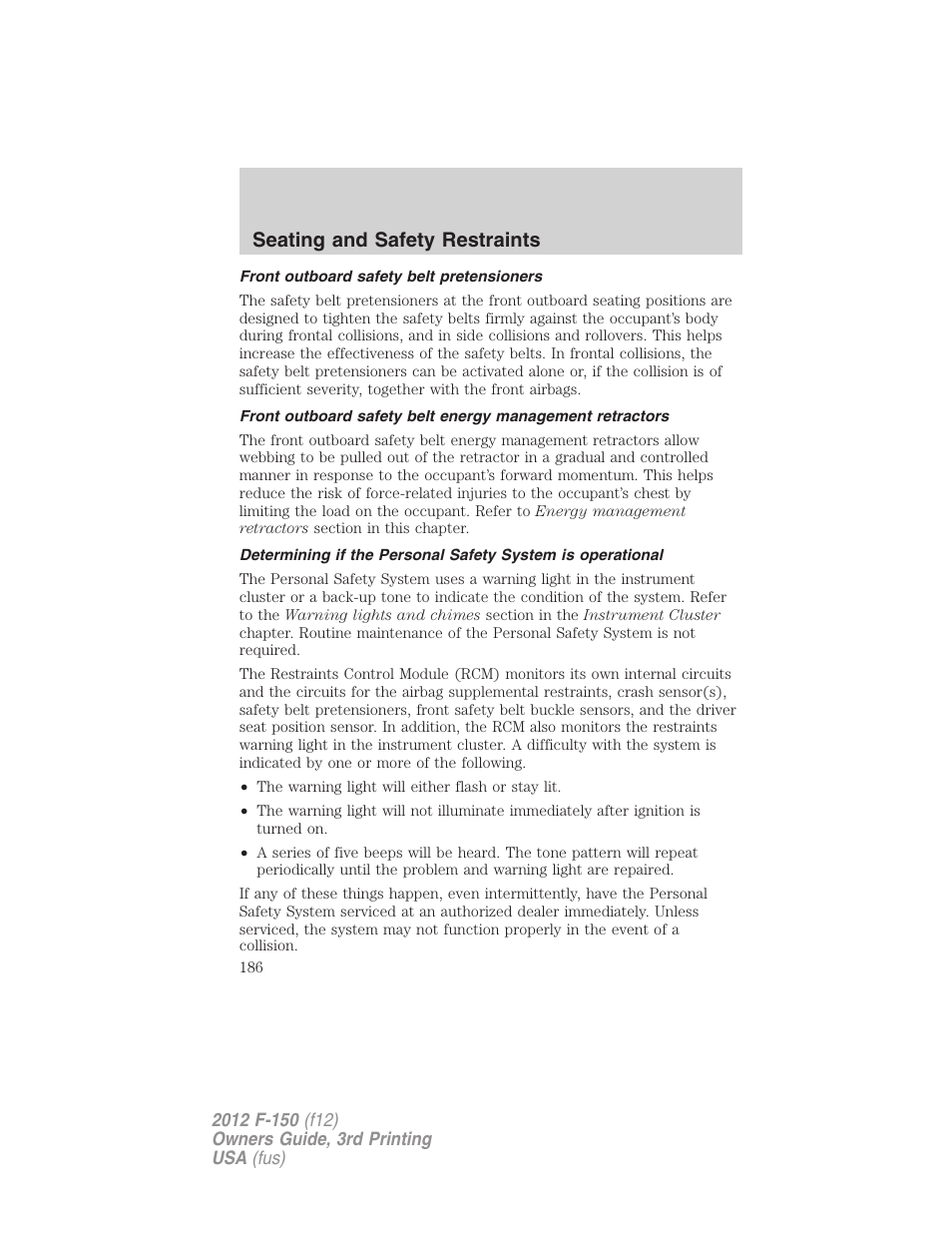 Front outboard safety belt pretensioners, Seating and safety restraints | FORD 2012 F-150 Raptor v.3 User Manual | Page 186 / 472