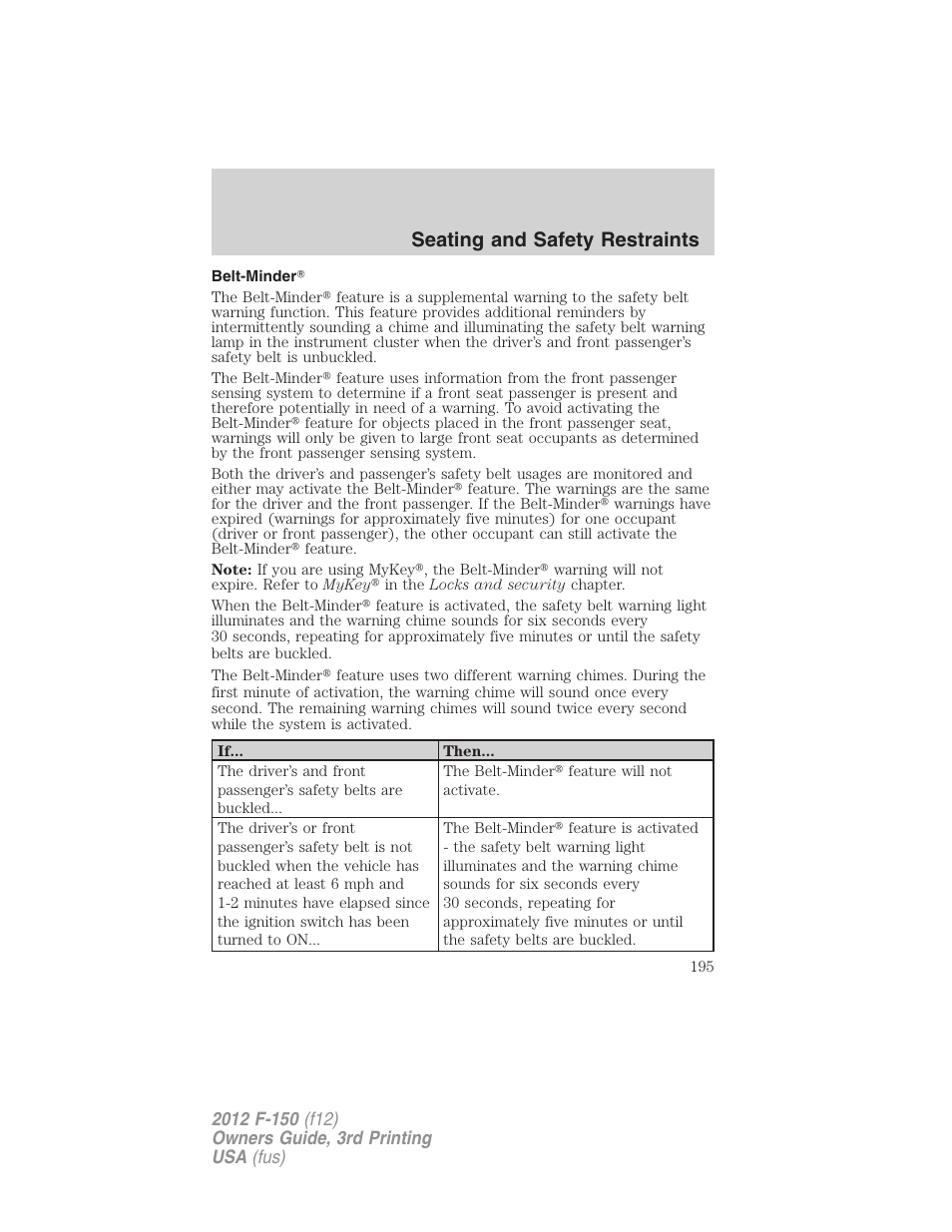 Belt-minder, Seating and safety restraints | FORD 2012 F-150 Raptor v.3 User Manual | Page 195 / 472