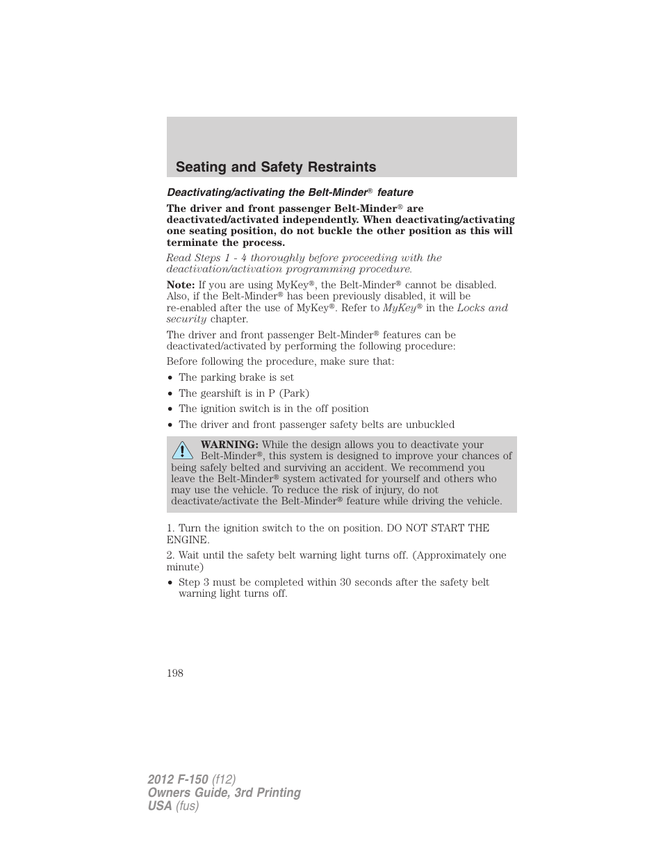 Deactivating/activating the belt-minder? feature, Seating and safety restraints | FORD 2012 F-150 Raptor v.3 User Manual | Page 198 / 472