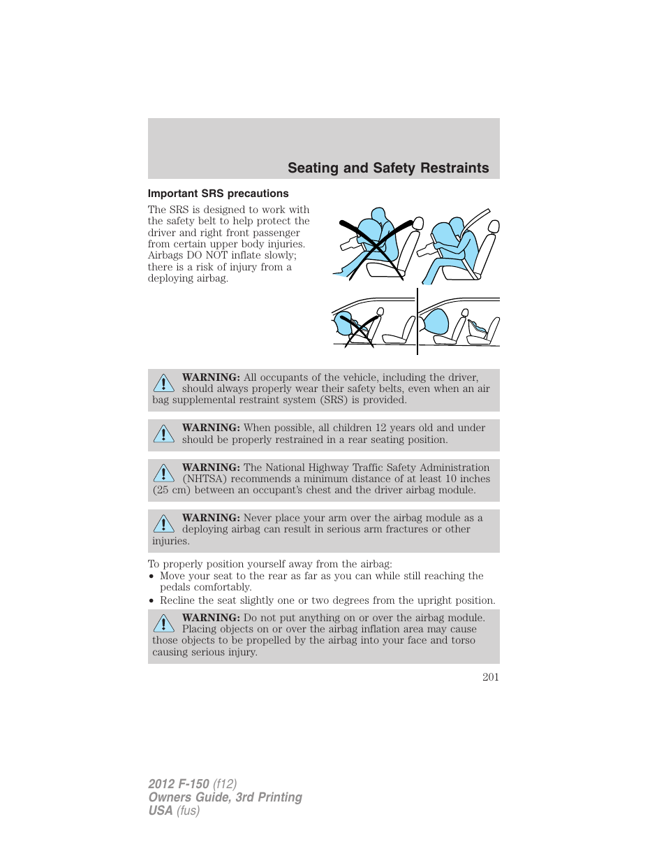 Important srs precautions, Seating and safety restraints | FORD 2012 F-150 Raptor v.3 User Manual | Page 201 / 472