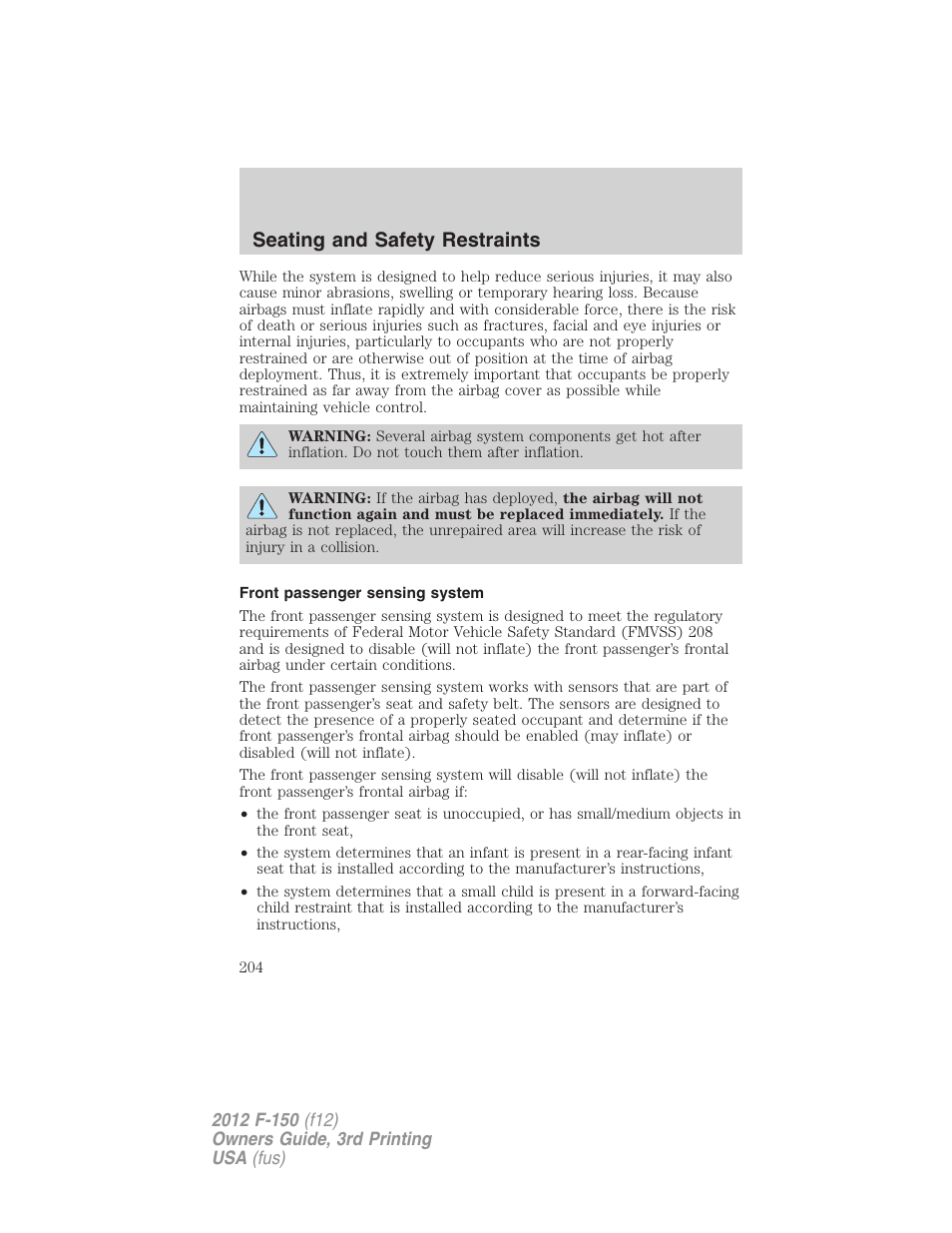 Front passenger sensing system, Seating and safety restraints | FORD 2012 F-150 Raptor v.3 User Manual | Page 204 / 472