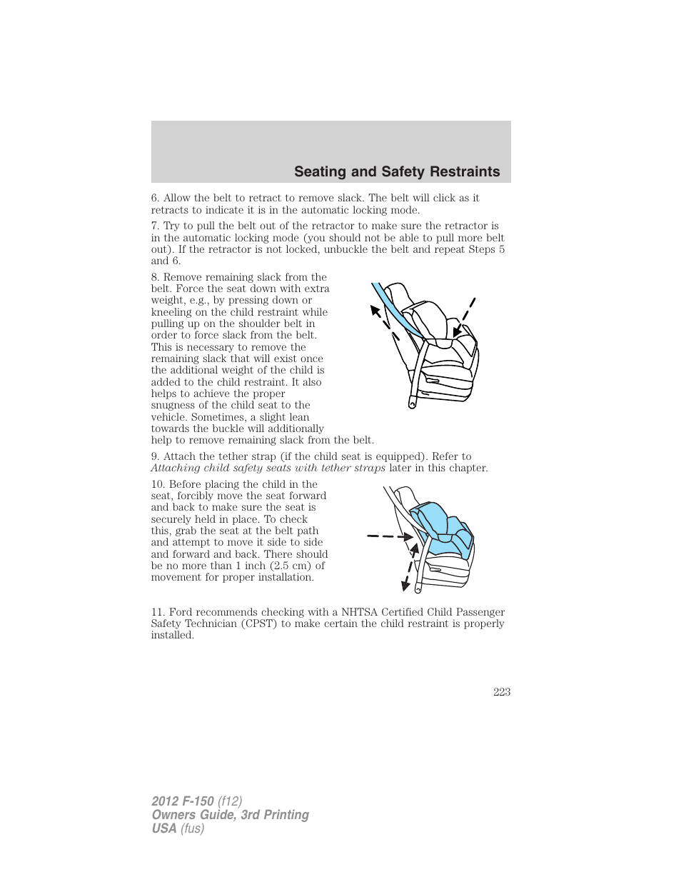 Seating and safety restraints | FORD 2012 F-150 Raptor v.3 User Manual | Page 223 / 472