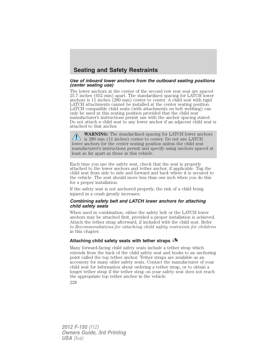 Attaching child safety seats with tether straps, Seating and safety restraints | FORD 2012 F-150 Raptor v.3 User Manual | Page 228 / 472