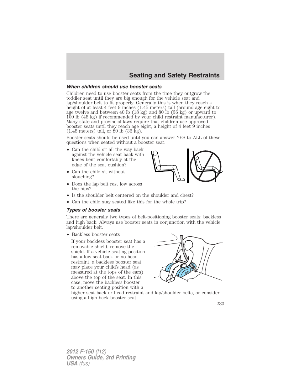 When children should use booster seats, Types of booster seats, Seating and safety restraints | FORD 2012 F-150 Raptor v.3 User Manual | Page 233 / 472