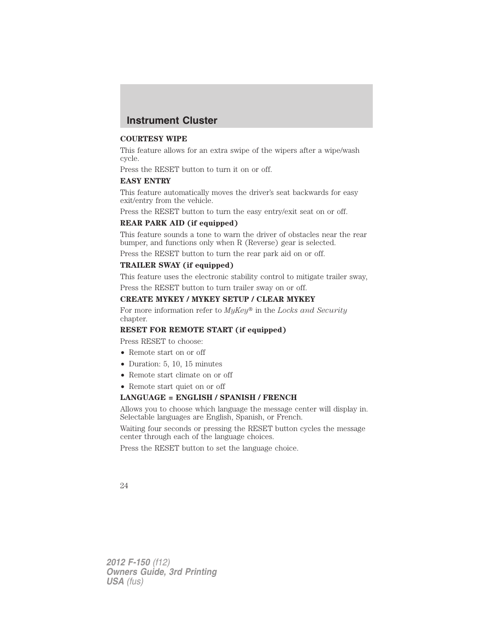 Instrument cluster | FORD 2012 F-150 Raptor v.3 User Manual | Page 24 / 472