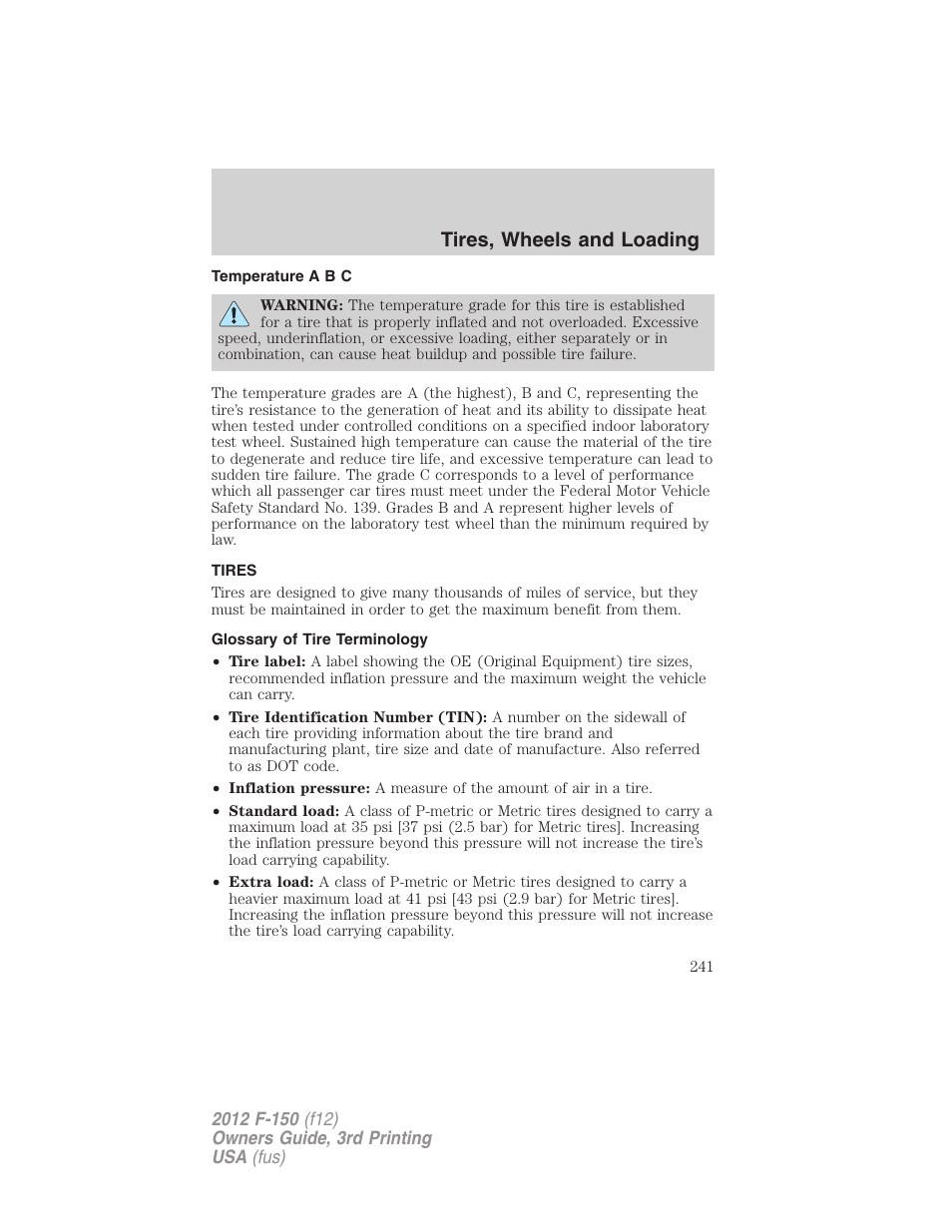 Temperature a b c, Tires, Glossary of tire terminology | Tires, wheels and loading | FORD 2012 F-150 Raptor v.3 User Manual | Page 241 / 472