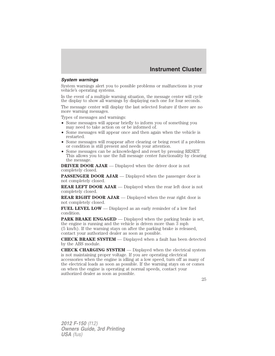 System warnings, Instrument cluster | FORD 2012 F-150 Raptor v.3 User Manual | Page 25 / 472