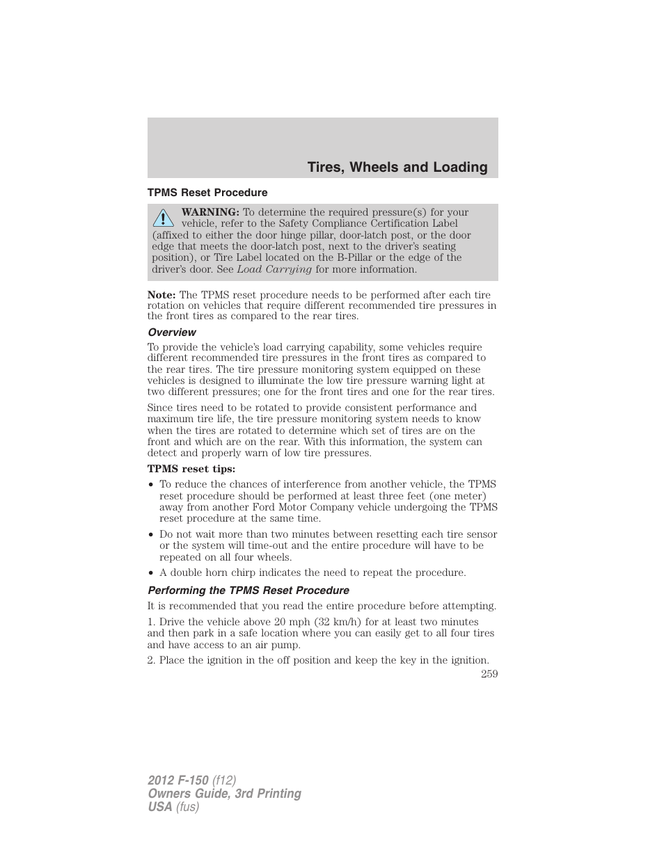 Tpms reset procedure, Overview, Performing the tpms reset procedure | Tires, wheels and loading | FORD 2012 F-150 Raptor v.3 User Manual | Page 259 / 472