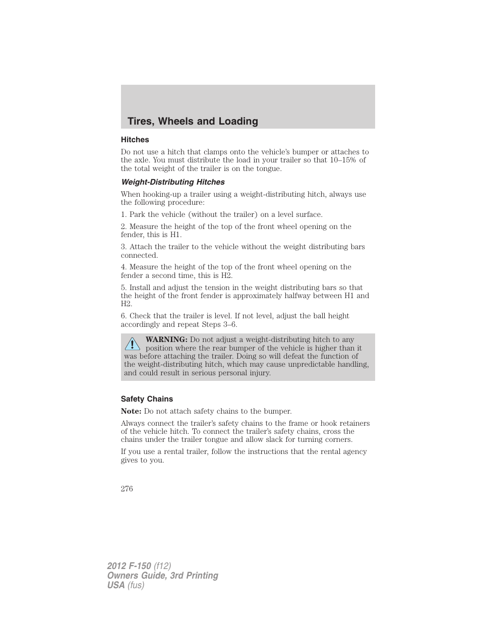 Hitches, Weight-distributing hitches, Safety chains | Tires, wheels and loading | FORD 2012 F-150 Raptor v.3 User Manual | Page 276 / 472