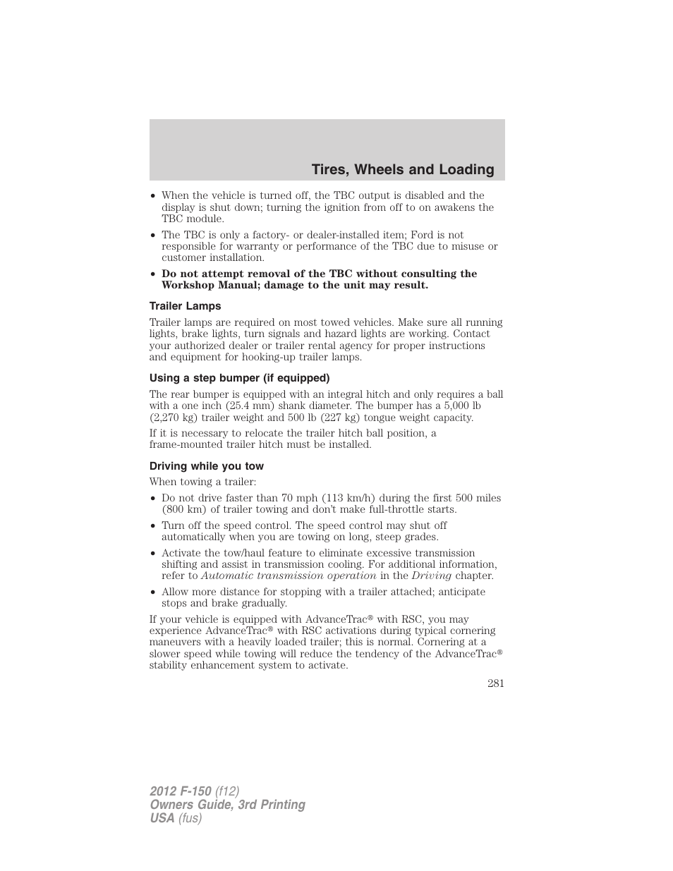 Trailer lamps, Using a step bumper (if equipped), Driving while you tow | Tires, wheels and loading | FORD 2012 F-150 Raptor v.3 User Manual | Page 281 / 472