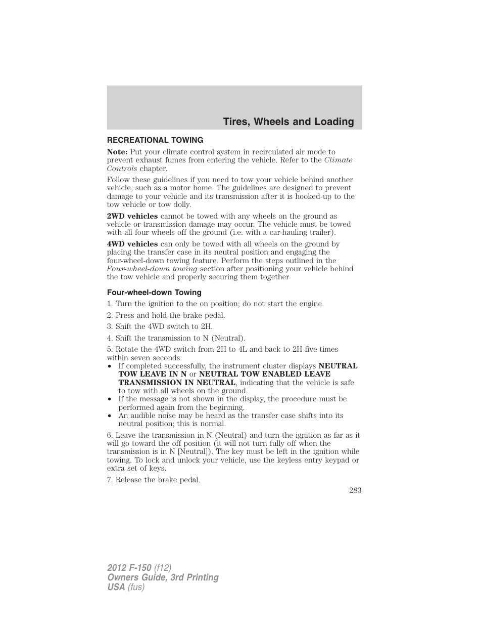 Recreational towing, Four-wheel-down towing, Tires, wheels and loading | FORD 2012 F-150 Raptor v.3 User Manual | Page 283 / 472