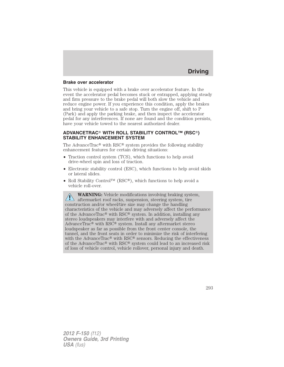 Brake over accelerator, Advancetrac, Driving | FORD 2012 F-150 Raptor v.3 User Manual | Page 293 / 472