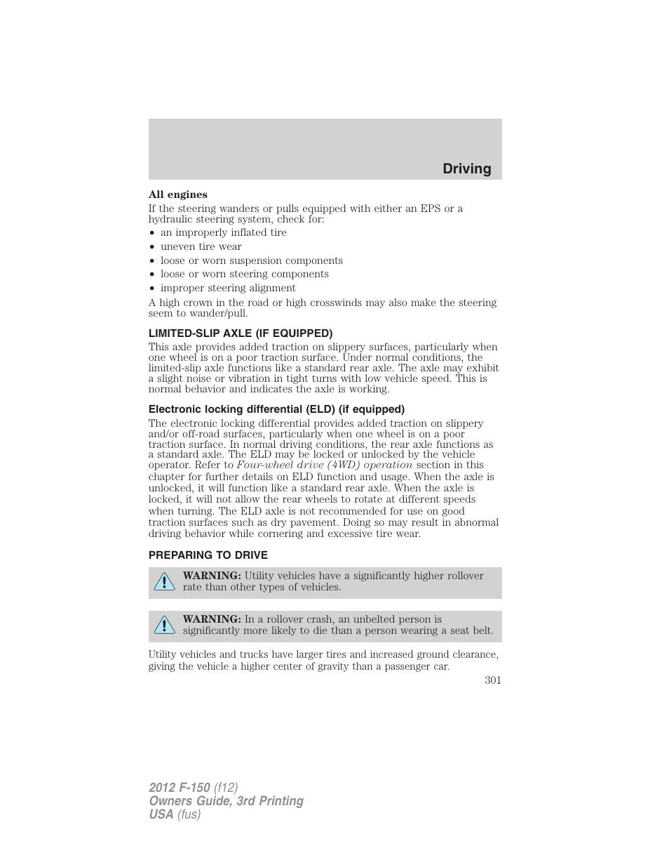 Limited-slip axle (if equipped), Preparing to drive, Driving | FORD 2012 F-150 Raptor v.3 User Manual | Page 301 / 472