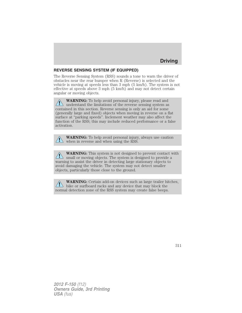 Reverse sensing system (if equipped), Reverse sensing system, Driving | FORD 2012 F-150 Raptor v.3 User Manual | Page 311 / 472