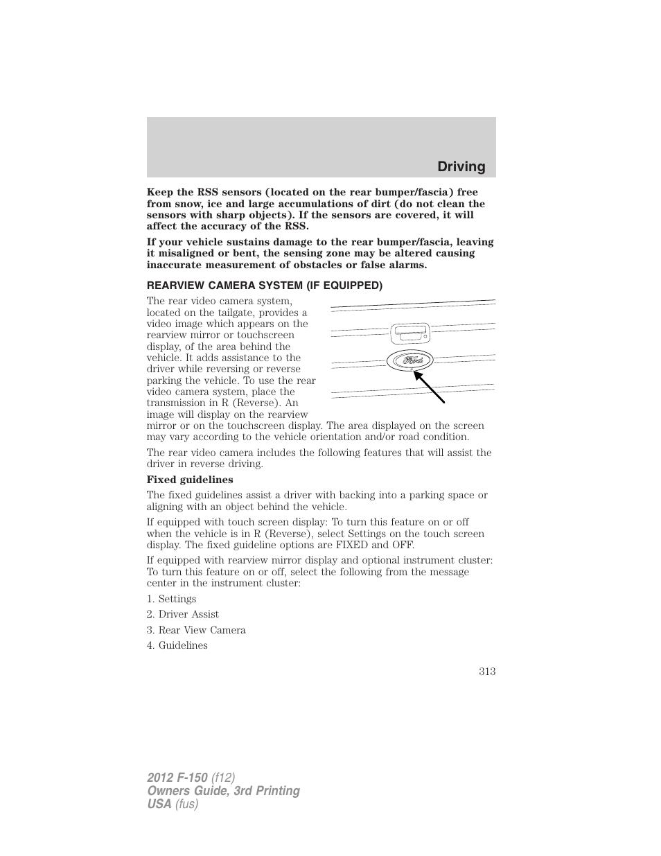 Rearview camera system (if equipped), Rear-view camera system, Driving | FORD 2012 F-150 Raptor v.3 User Manual | Page 313 / 472