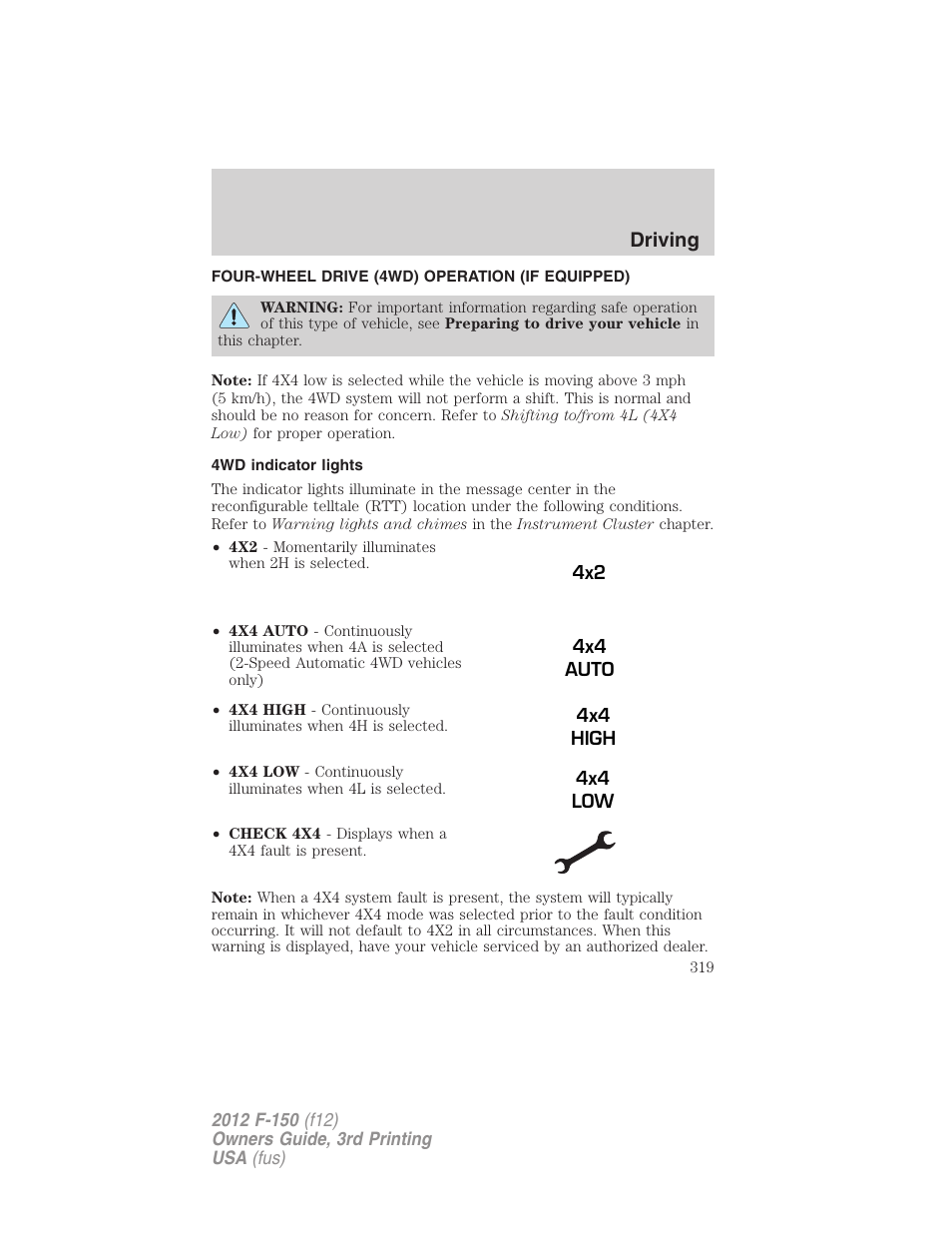 Four-wheel drive (4wd) operation (if equipped), 4wd indicator lights, Driving | FORD 2012 F-150 Raptor v.3 User Manual | Page 319 / 472