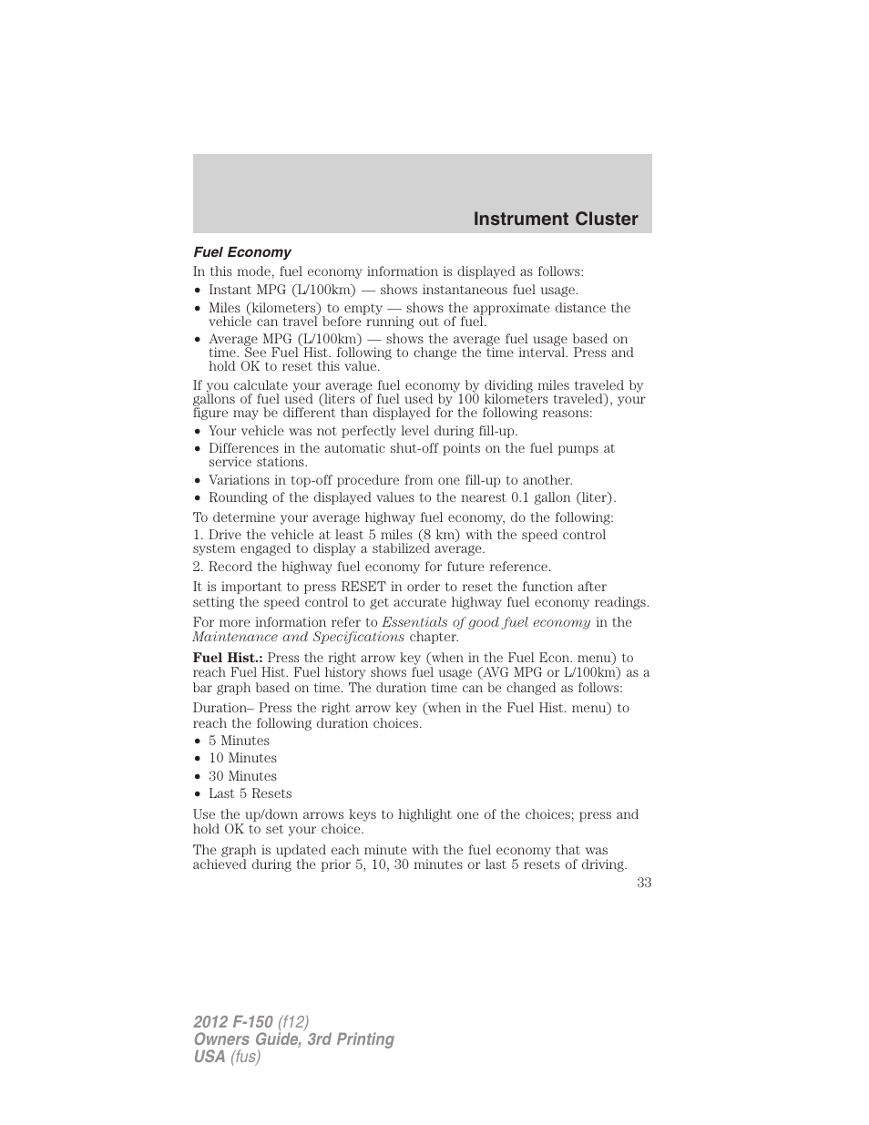 Fuel economy, Instrument cluster | FORD 2012 F-150 Raptor v.3 User Manual | Page 33 / 472