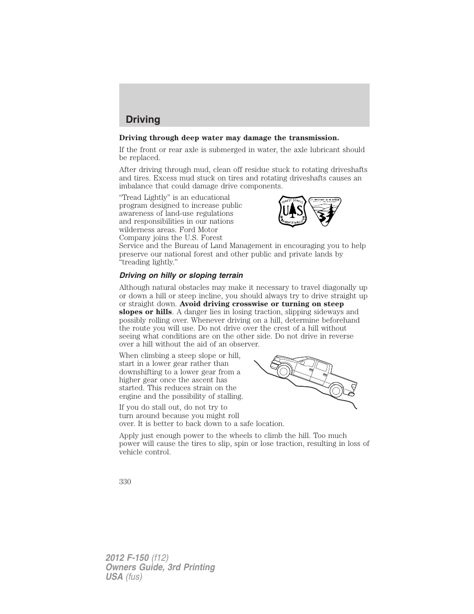 Driving on hilly or sloping terrain, Driving | FORD 2012 F-150 Raptor v.3 User Manual | Page 330 / 472