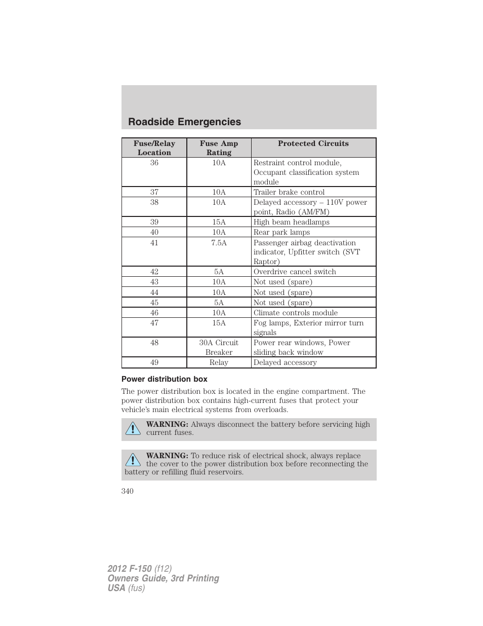 Power distribution box, Roadside emergencies | FORD 2012 F-150 Raptor v.3 User Manual | Page 340 / 472