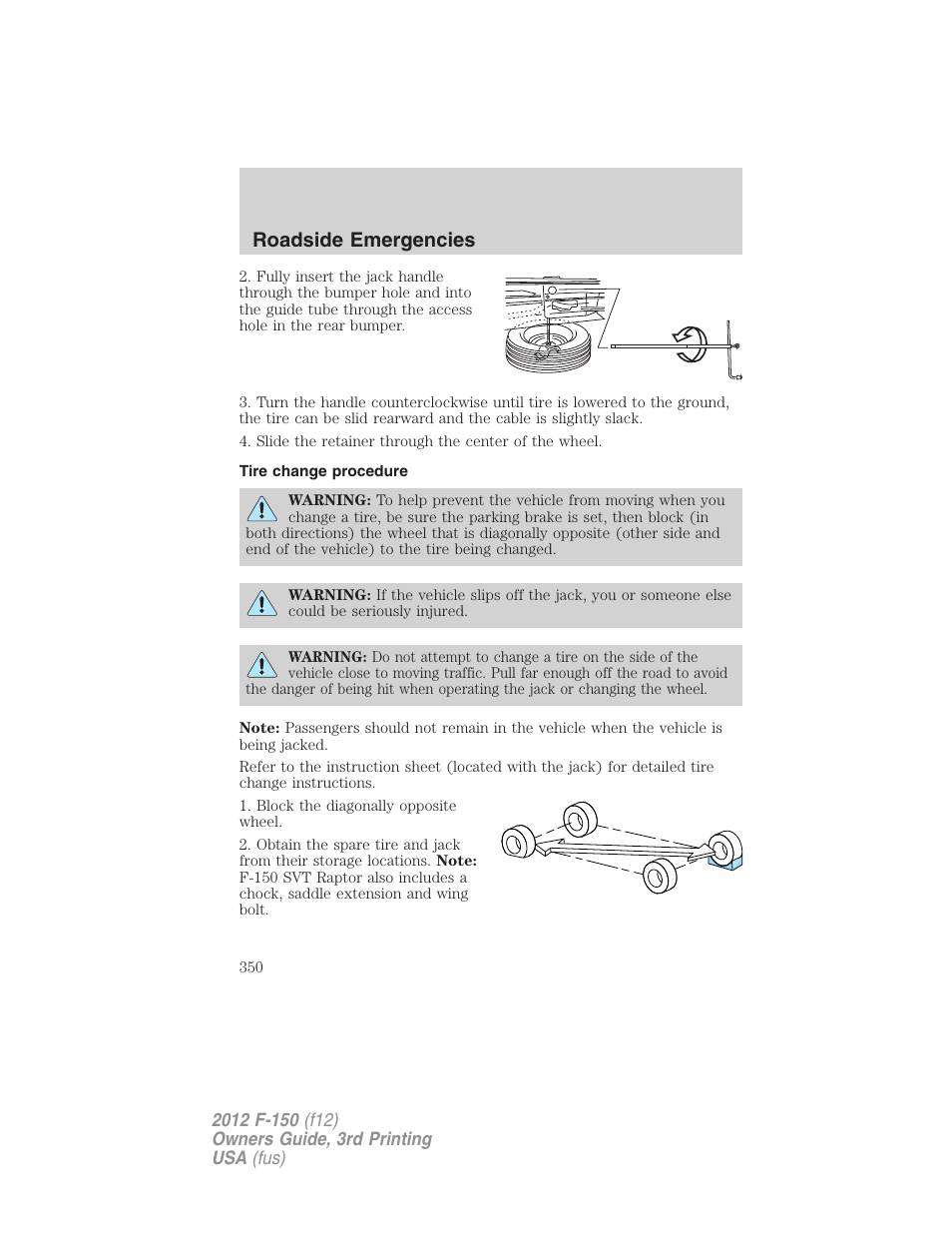 Tire change procedure, Roadside emergencies | FORD 2012 F-150 Raptor v.3 User Manual | Page 350 / 472