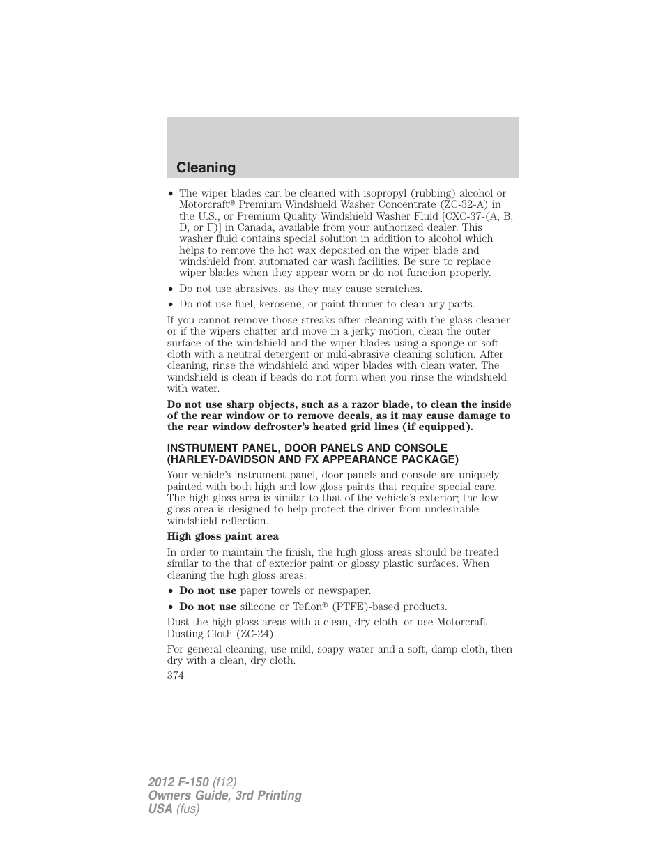 Cleaning | FORD 2012 F-150 Raptor v.3 User Manual | Page 374 / 472