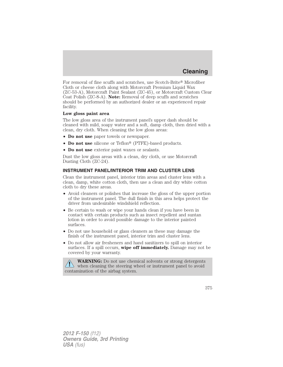 Instrument panel/interior trim and cluster lens, Cleaning | FORD 2012 F-150 Raptor v.3 User Manual | Page 375 / 472