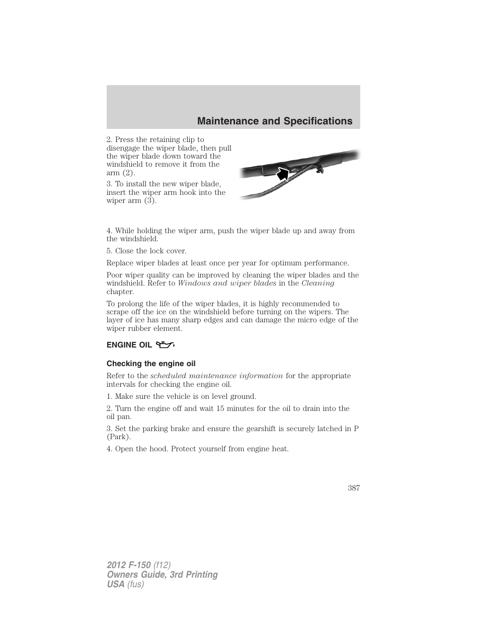 Engine oil, Checking the engine oil, Maintenance and specifications | FORD 2012 F-150 Raptor v.3 User Manual | Page 387 / 472