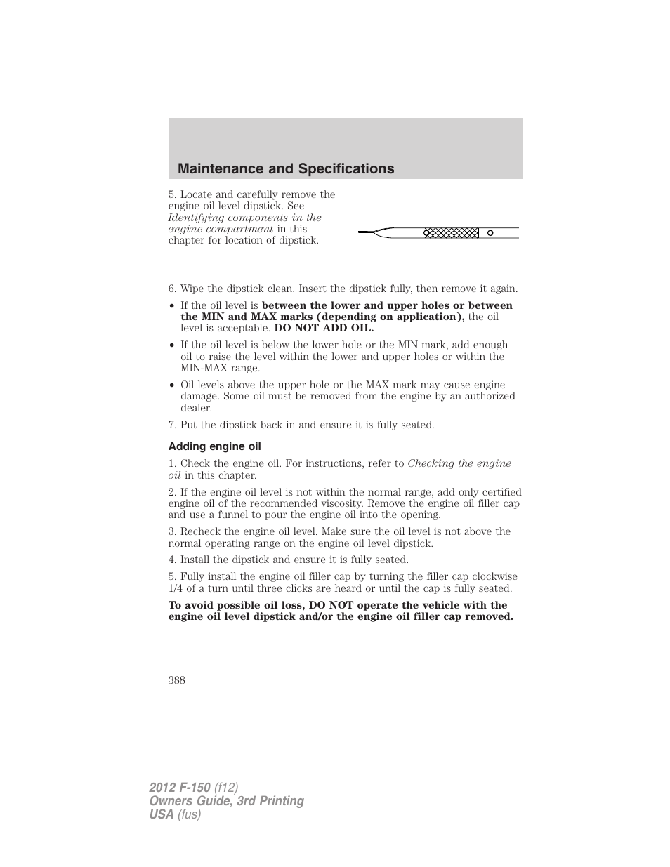 Adding engine oil, Maintenance and specifications | FORD 2012 F-150 Raptor v.3 User Manual | Page 388 / 472