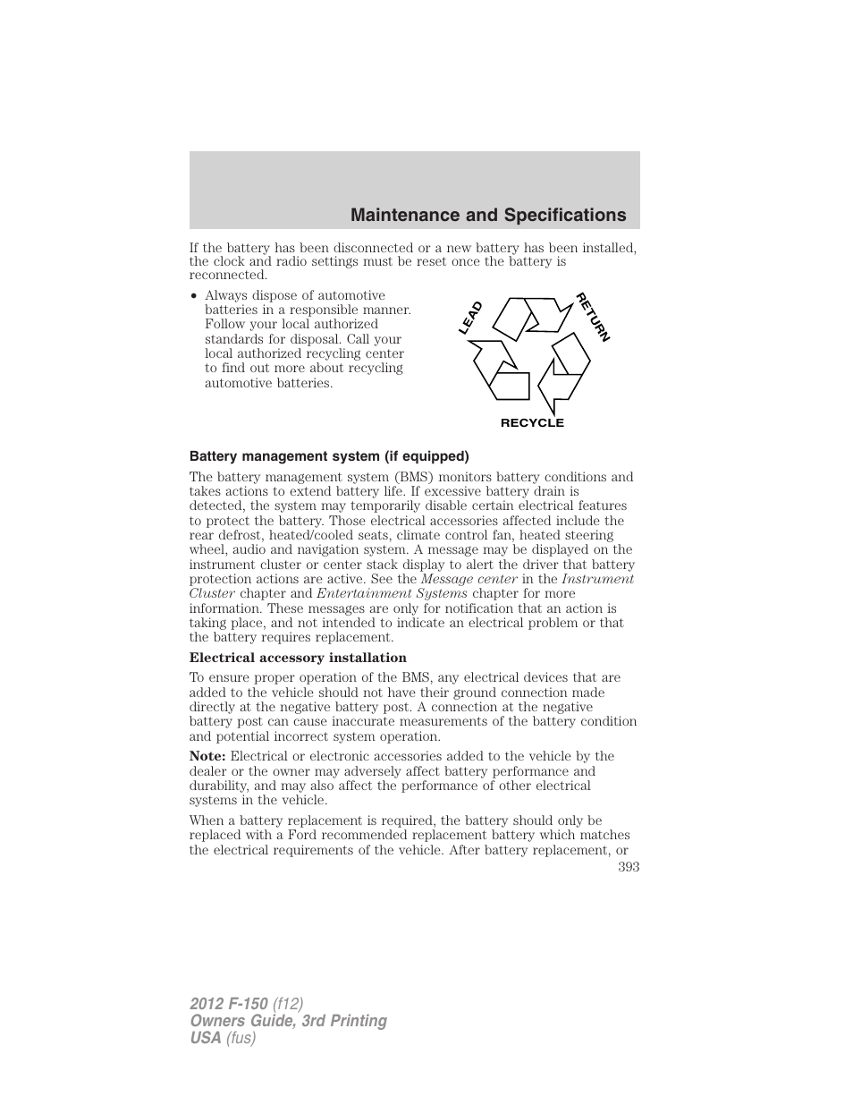 Battery management system (if equipped), Maintenance and specifications | FORD 2012 F-150 Raptor v.3 User Manual | Page 393 / 472