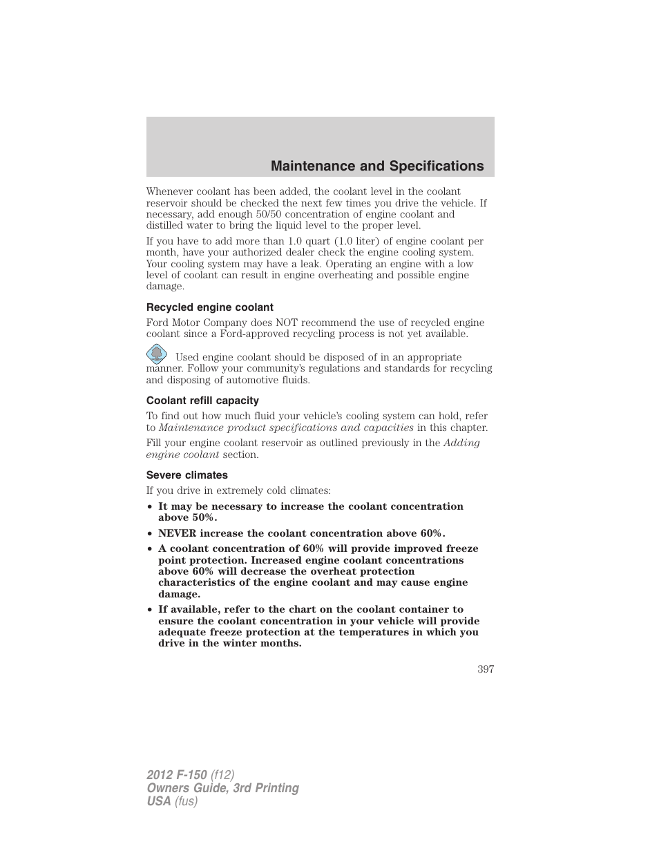 Recycled engine coolant, Coolant refill capacity, Severe climates | Maintenance and specifications | FORD 2012 F-150 Raptor v.3 User Manual | Page 397 / 472