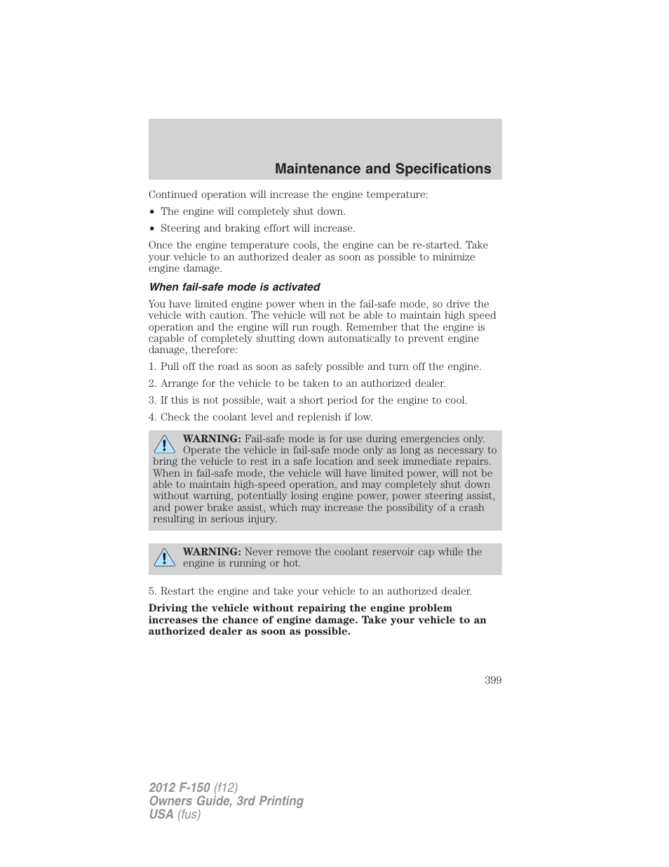 When fail-safe mode is activated, Maintenance and specifications | FORD 2012 F-150 Raptor v.3 User Manual | Page 399 / 472