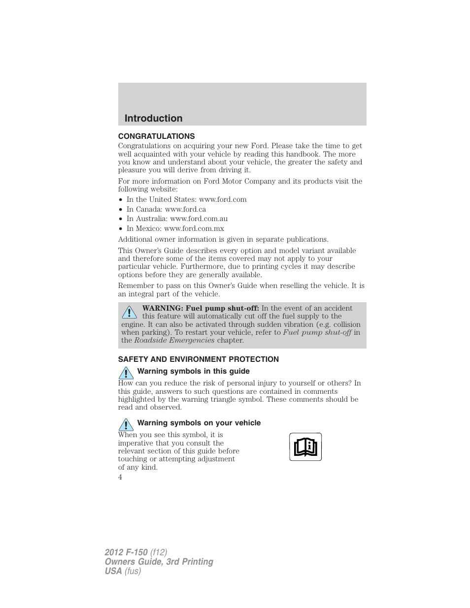 Introduction, Congratulations, Safety and environment protection | Warning symbols in this guide, Warning symbols on your vehicle | FORD 2012 F-150 Raptor v.3 User Manual | Page 4 / 472