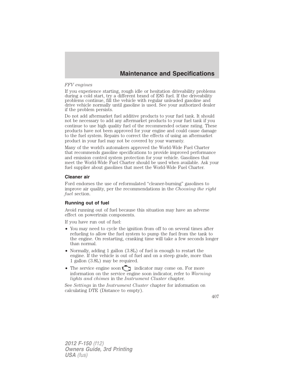 Cleaner air, Running out of fuel, Maintenance and specifications | FORD 2012 F-150 Raptor v.3 User Manual | Page 407 / 472