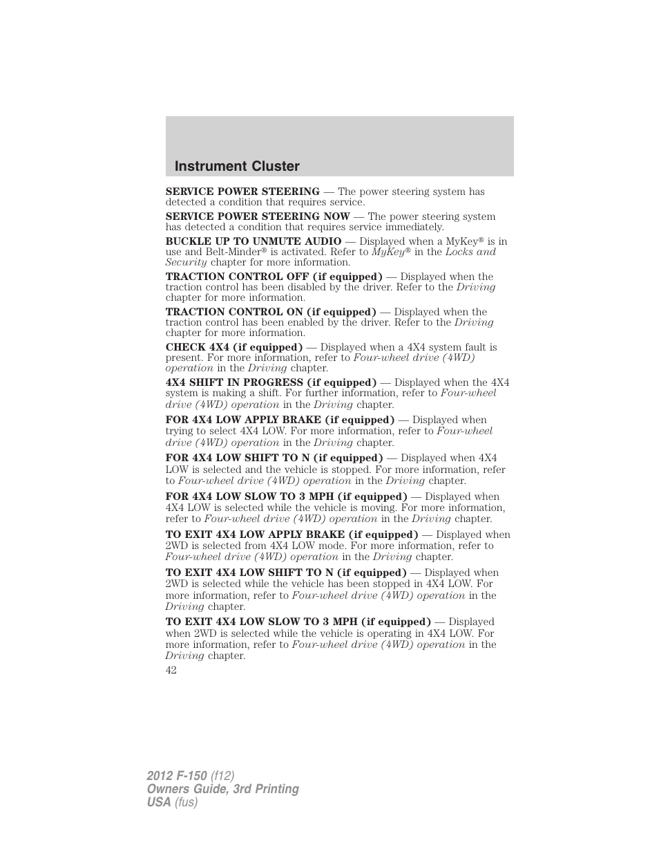 Instrument cluster | FORD 2012 F-150 Raptor v.3 User Manual | Page 42 / 472