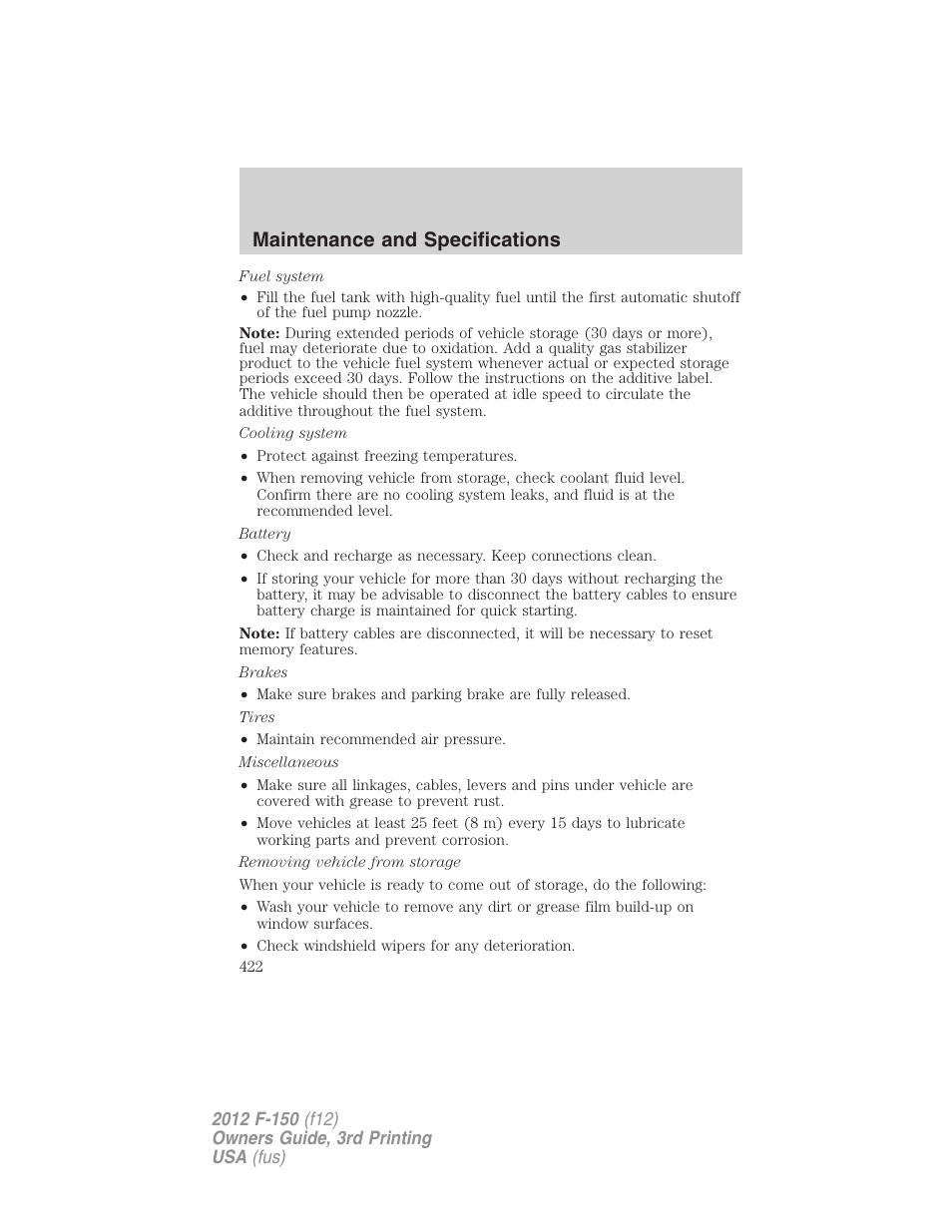 Maintenance and specifications | FORD 2012 F-150 Raptor v.3 User Manual | Page 422 / 472