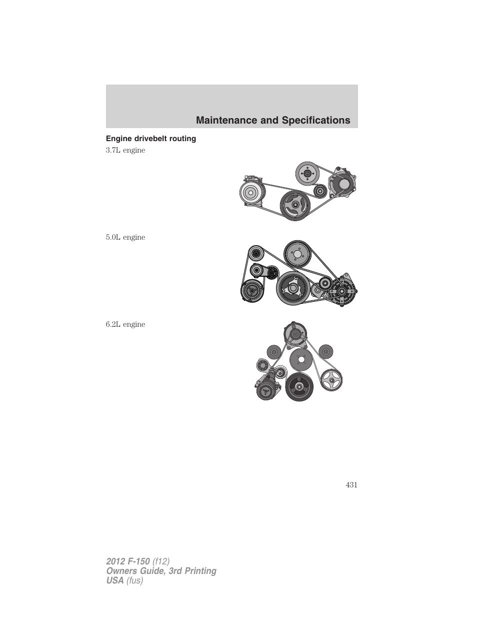 Engine drivebelt routing, Engine drivebelt, Maintenance and specifications | FORD 2012 F-150 Raptor v.3 User Manual | Page 431 / 472