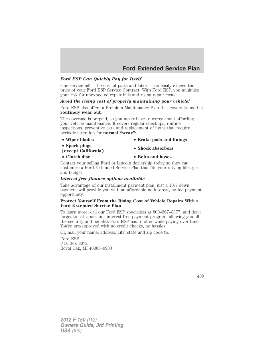 Ford extended service plan | FORD 2012 F-150 Raptor v.3 User Manual | Page 439 / 472