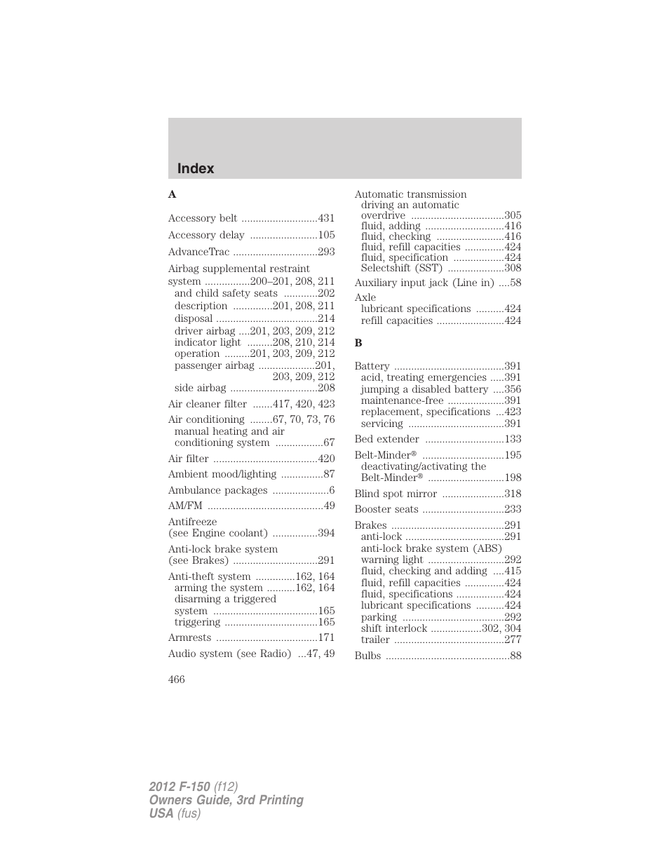 Index | FORD 2012 F-150 Raptor v.3 User Manual | Page 466 / 472