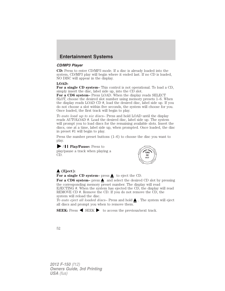 Cd/mp3 player, Entertainment systems | FORD 2012 F-150 Raptor v.3 User Manual | Page 52 / 472