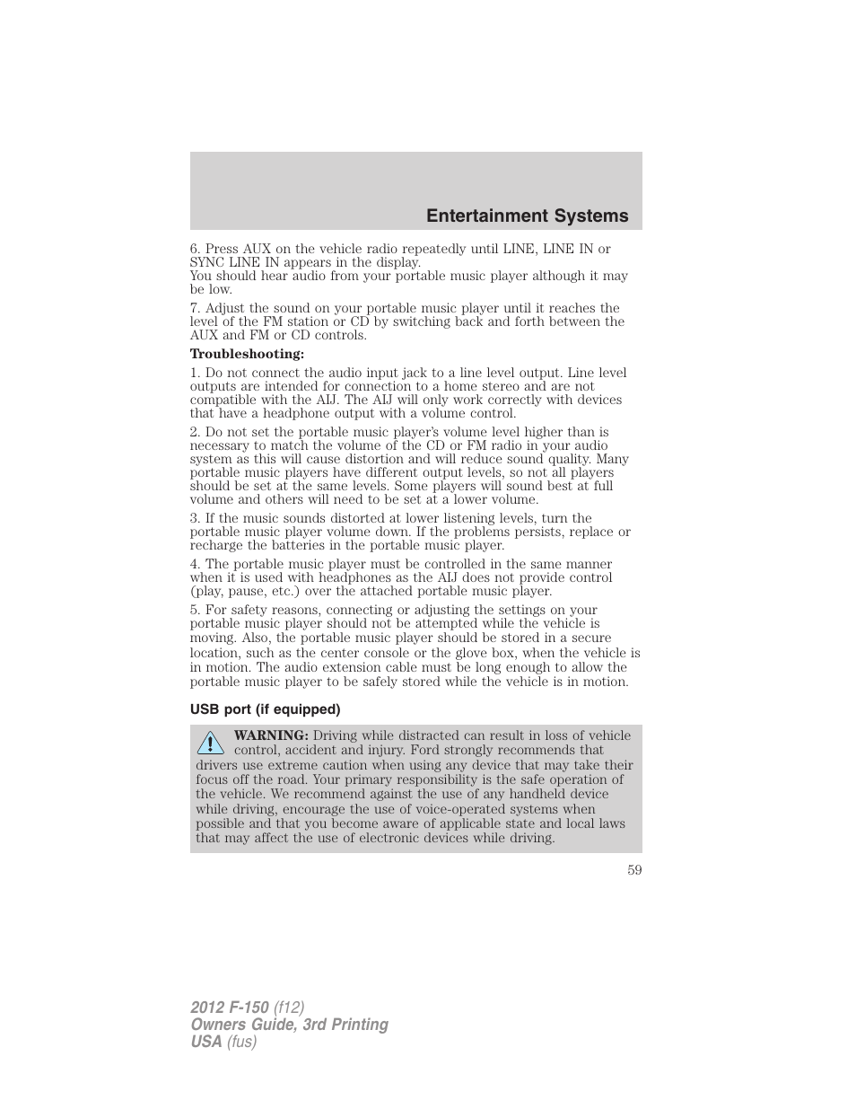 Usb port (if equipped), Usb port, Entertainment systems | FORD 2012 F-150 Raptor v.3 User Manual | Page 59 / 472