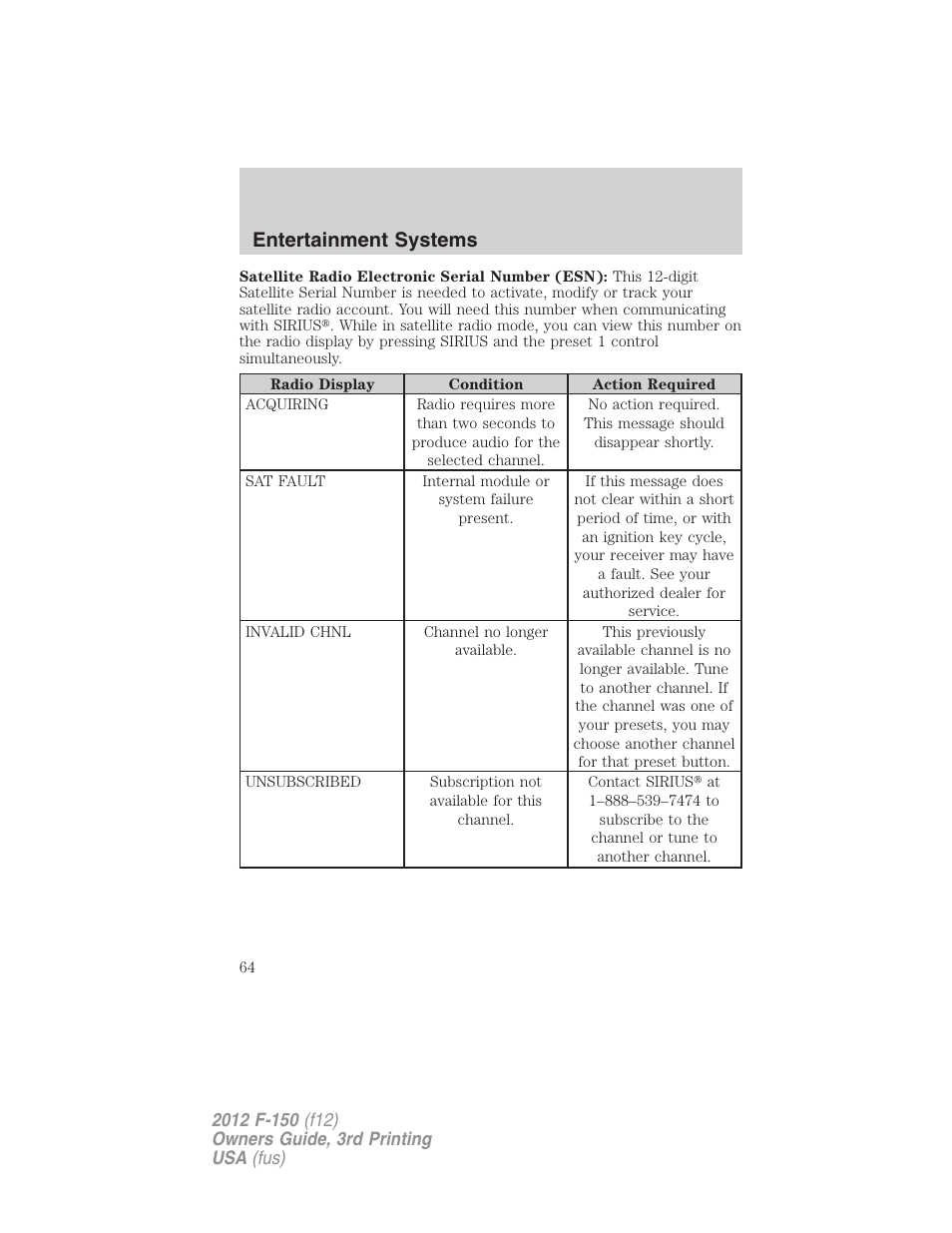 Entertainment systems | FORD 2012 F-150 Raptor v.3 User Manual | Page 64 / 472