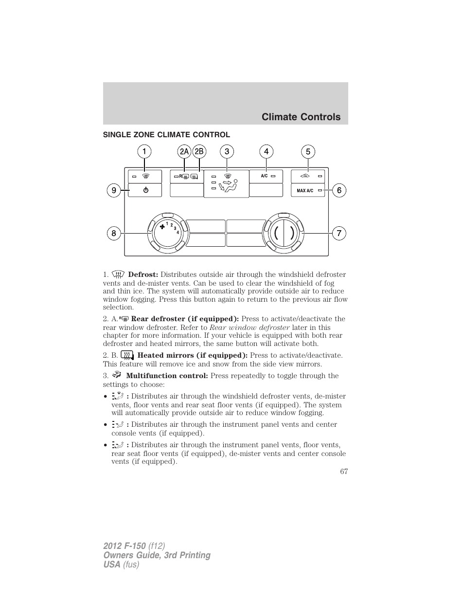 Climate controls, Single zone climate control, Manual heating and air conditioning | FORD 2012 F-150 Raptor v.3 User Manual | Page 67 / 472