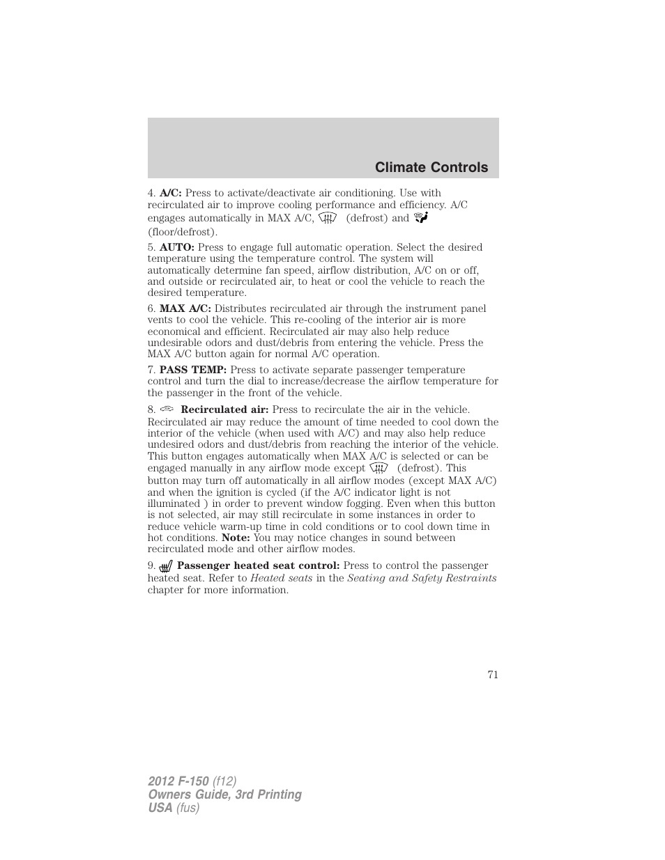 Climate controls | FORD 2012 F-150 Raptor v.3 User Manual | Page 71 / 472