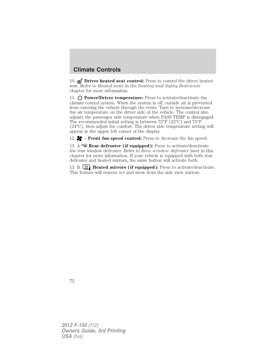 Climate controls | FORD 2012 F-150 Raptor v.3 User Manual | Page 72 / 472