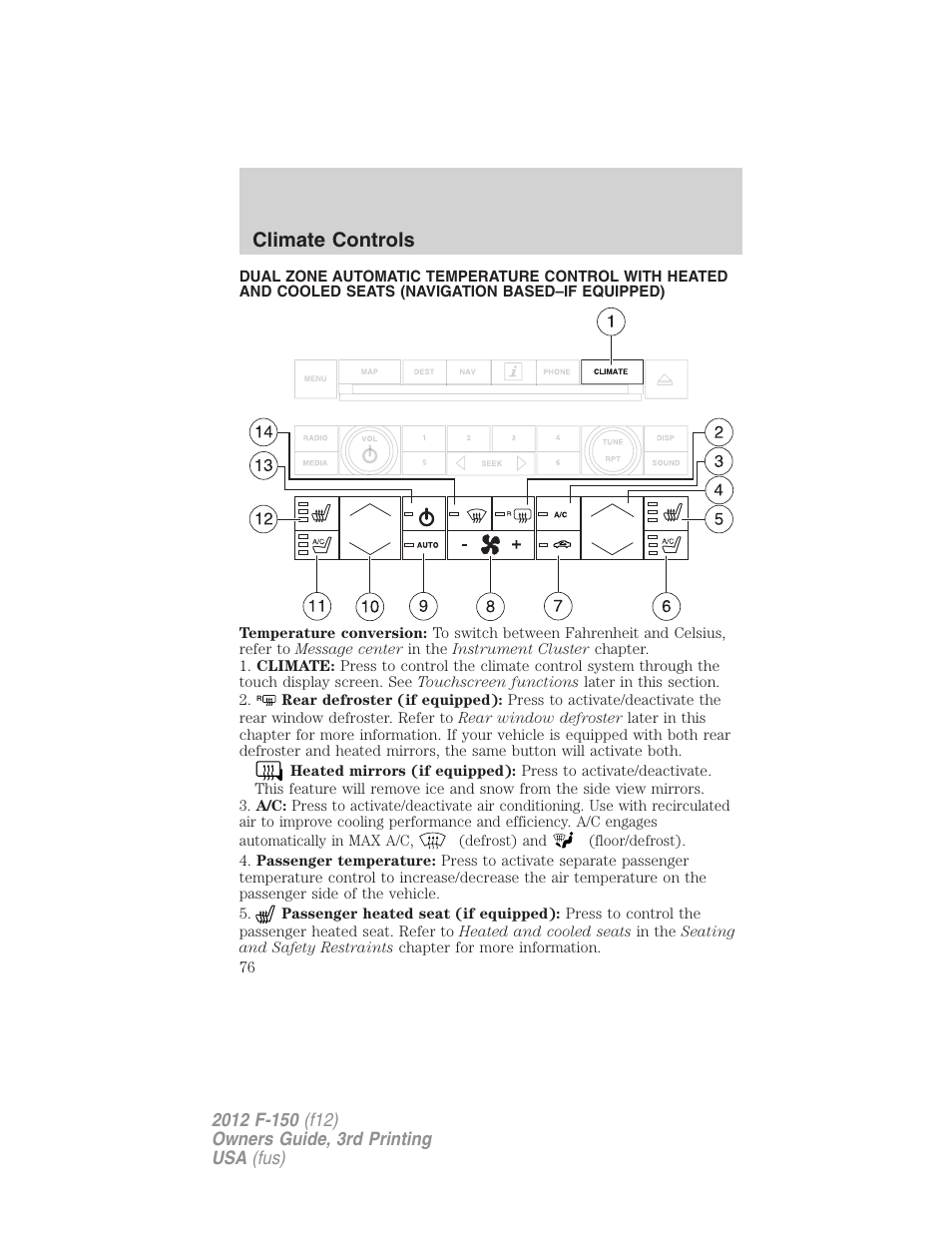 Navigation system based climate control, Climate controls | FORD 2012 F-150 Raptor v.3 User Manual | Page 76 / 472